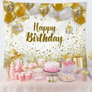 Happy Birthday Tapestry, 1 Count Gold and Wall Hanging Decoration, Balloon Gift Print Party Decor, Fashionable Festive Art Backdrop, Banners