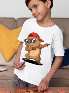 Boys & Girls Retro Hip Hop Dabbing Groundhog T-Shirt with Backwards Cap - Kids Short Sleeve Casual Tee for Groundhog Day Parties, Birthday Gifts & Daily Wear - Year-Round Comfortable Outfit