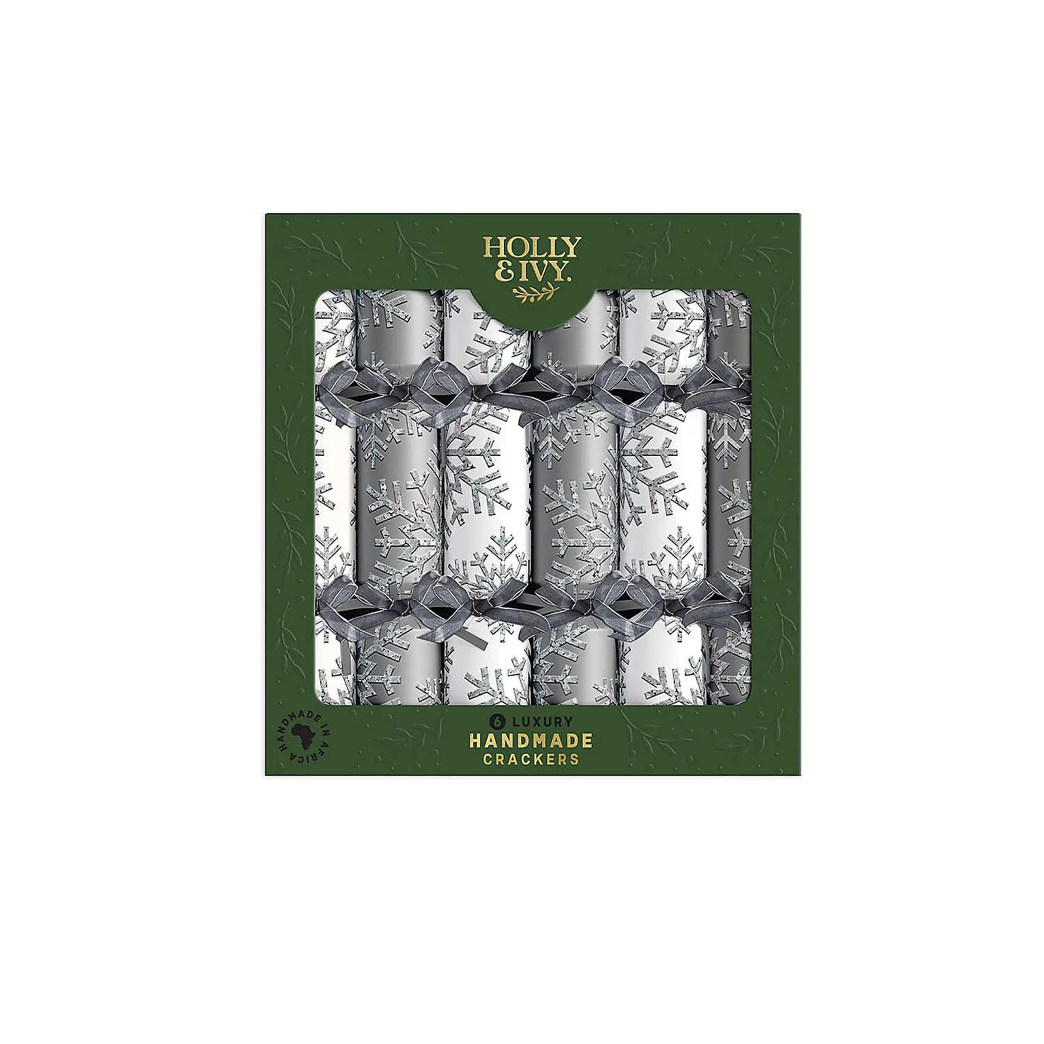 Luxury 6-Pc 14" Handmade Metallic Silver Textured Print Cardboard Holly & Ivy Snowflake Christmas Party Crackers Set, Ideal for Festive Party Traditions