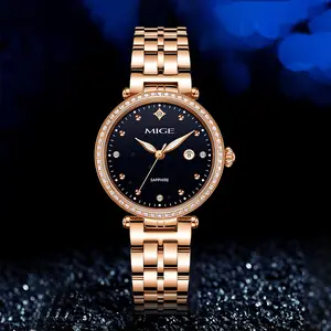 MIGE Women's Luxury Quartz Watch | Rose Gold Tone Sapphire Crystal Sparkling Crystal - Encrusted Bezel  Starry Black Dial with Date Window | Elegant & High - End Timepiece for Special Occasions elegant round dial analog quartz