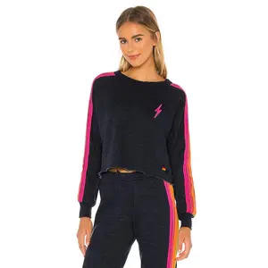 Aviator Nation Bolt Cropped Classic Crewneck in Heather Navy Neon