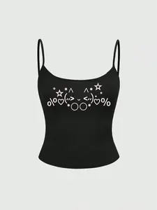 Women's Cartoon Heart Print Slim Fit Tank Top, Casual Sleeveless Design, Sweet Spicy Style, All Seasons Home Wear