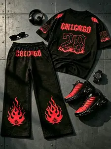 Street Fashion Tee and Pants Set, Chicago 28 Fire Graphic Print, Spring Fall Short Sleeve Long Pants, Casual Fitted Style