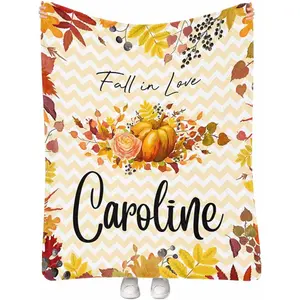 Custom Name Autumn Throw Blanket, Personalized Halloween Thanksgiving Gift, Cozy Fuzzy Fleece Pumpkin Leaf Design for Dad Mom, Orange Sofa Blanket for Home Decor