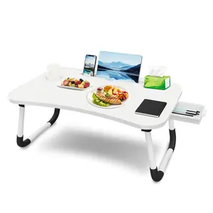 Foldable Bed Tray Table with Cup Holder & Storage Drawer Strong Bearing Laptop Desk Non-Slip Legs Ergonomic Curved Design for Living Room Bedroom Home Office