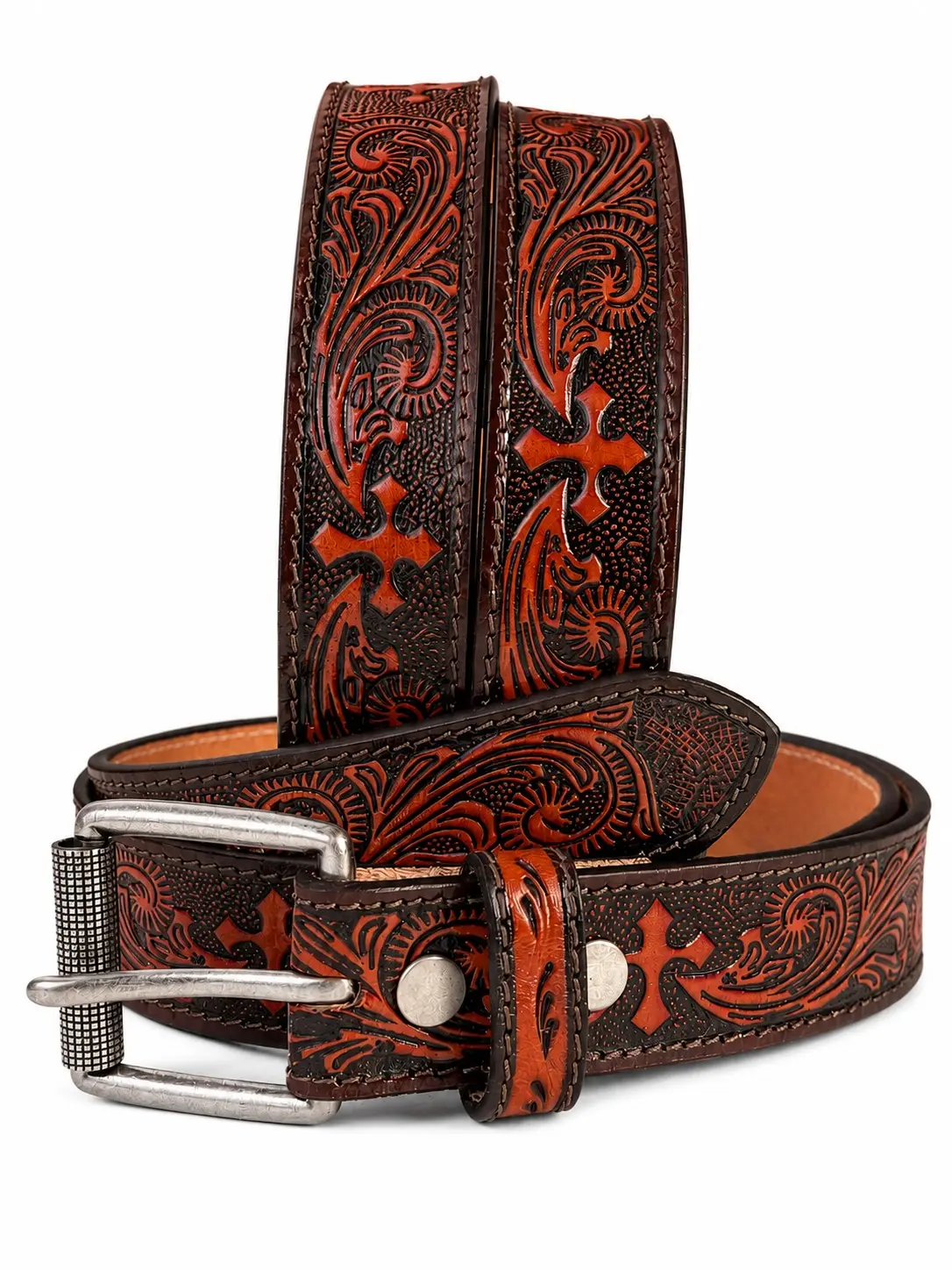 Tooled Western Cross Carved Leather Belt 100% Genuine Full Grain Cowhide Engraved Genuine Leather Cowboy Belt