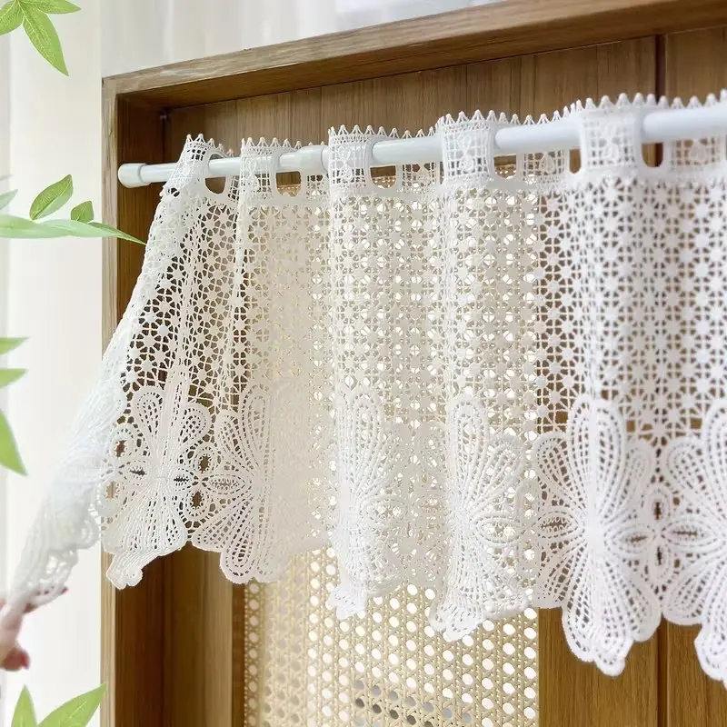 1pc Short Lace Curtain with Floral Embroidery, Ideal for Kitchen Windows, Bookshelf Curtains, Rod Pocket Design, Perfect for Coffee Area