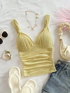 Women's V-Neck Ruched Cami Tank Top, Twist Strap Textured Slim Fit Camisole, Light Yellow Casual Summer Crop Top, Elegant Y2K Style, Versatile for Daily Wear, Vacation, Beach, Brunch, Date Night, Party, Fashion Going Out Blouse for Women
