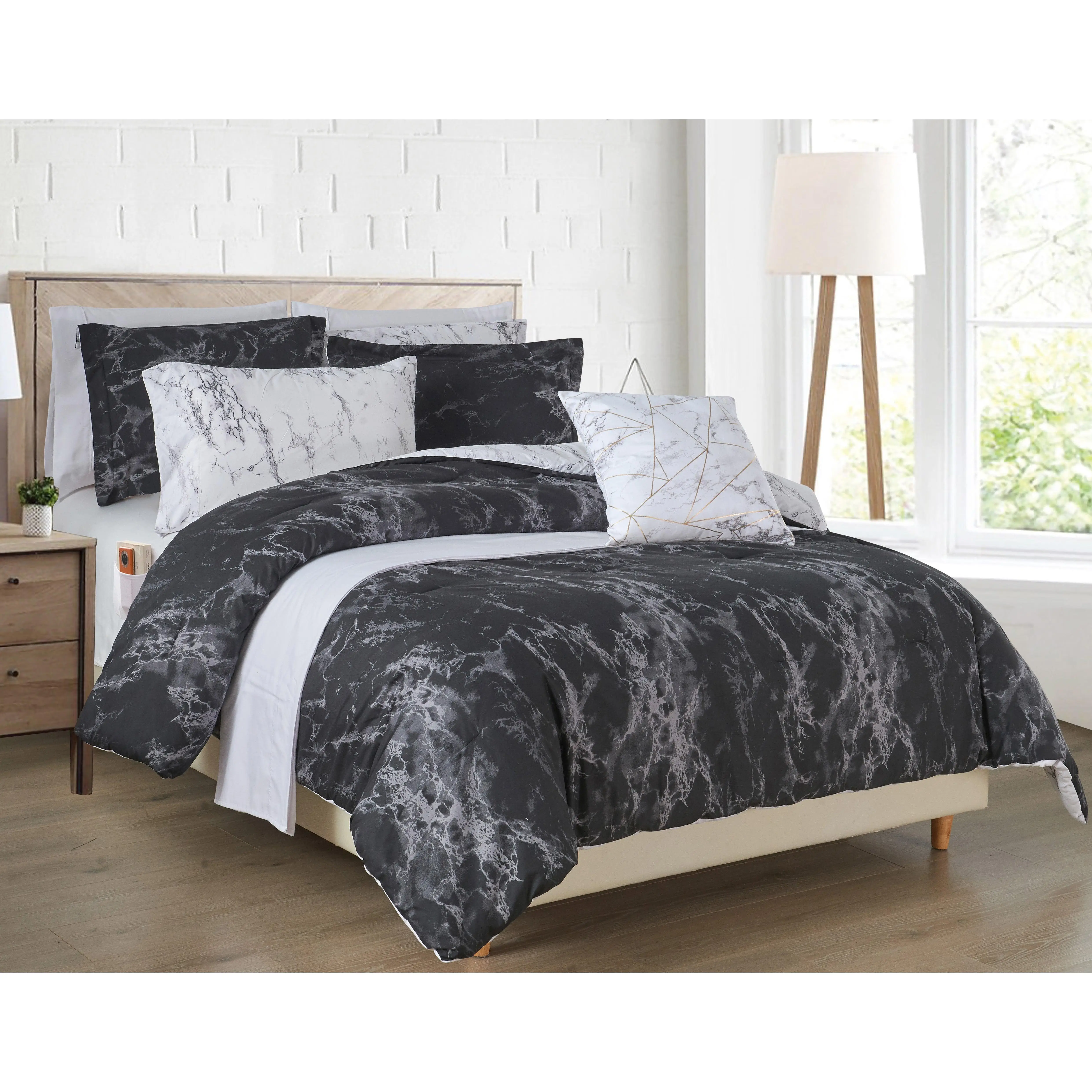 Elegant Comfort 10-Piece Reversible Marble Print Comforter Set with 6-Piece Sheet Set, Includes Double Sided Storage Pockets