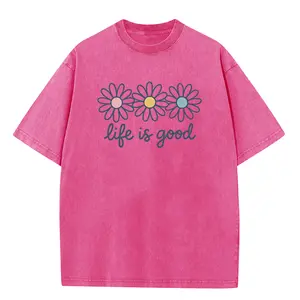 Holafish Cotton T-Shirt with Daisy Print Drop Shoulder Design for Vintage Streetwear Unisex Baggy Hip Hop Tees