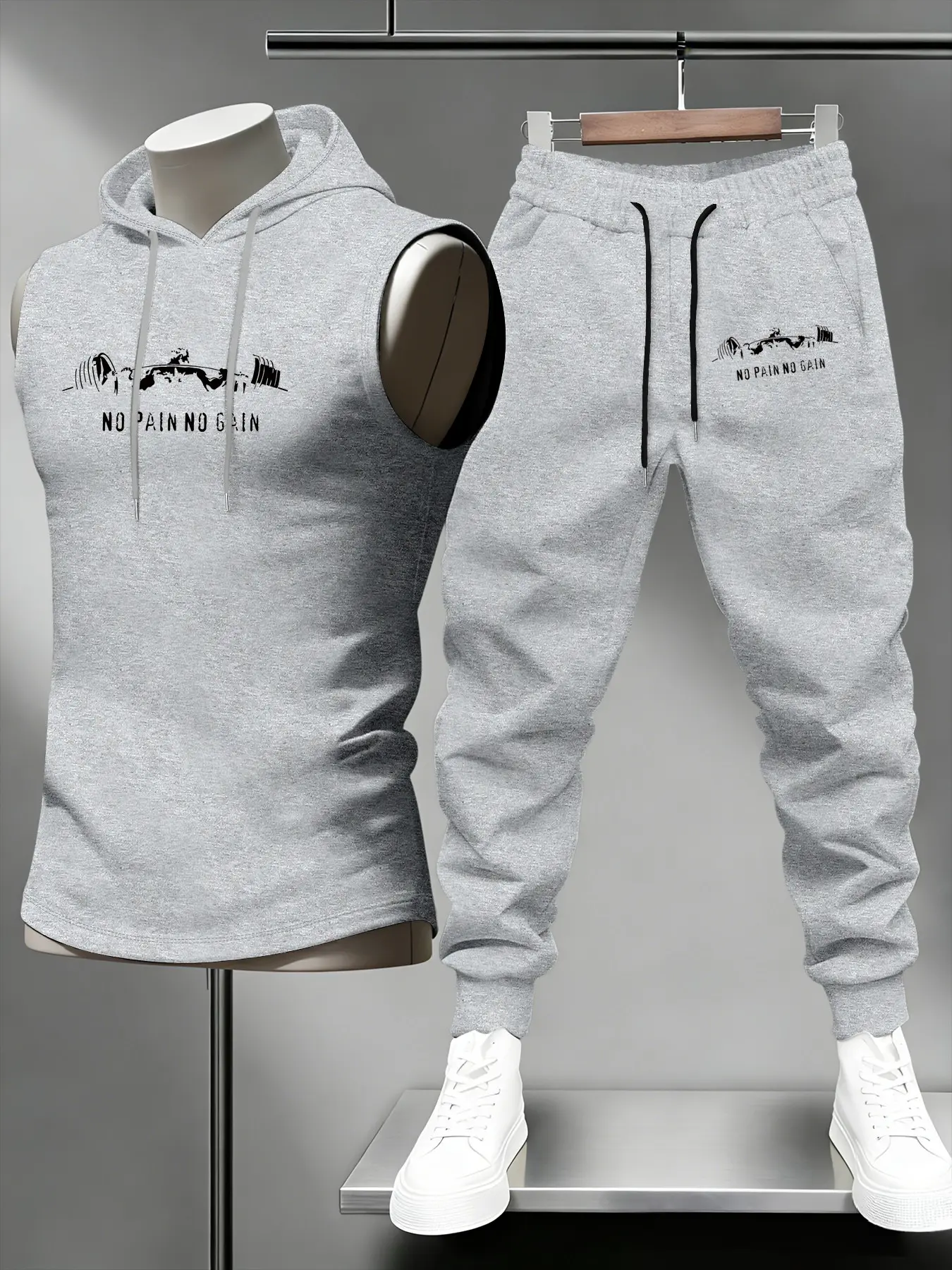 Men's Summer New Barbell Fitness Print Design, American Vintage Sleeveless Hooded Sport Vest + Jogger Pants 2-Piece Set, Ideal Spring & Summer