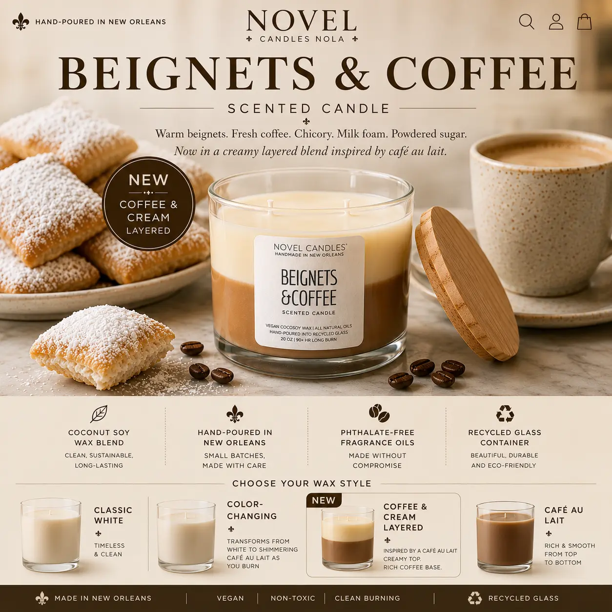 Beignets & Coffee Scented Candle – Official Cafe Du Monde Candle Scent | Handmade in New Orleans Foodie Gift | NOLA Vacation Souvenir