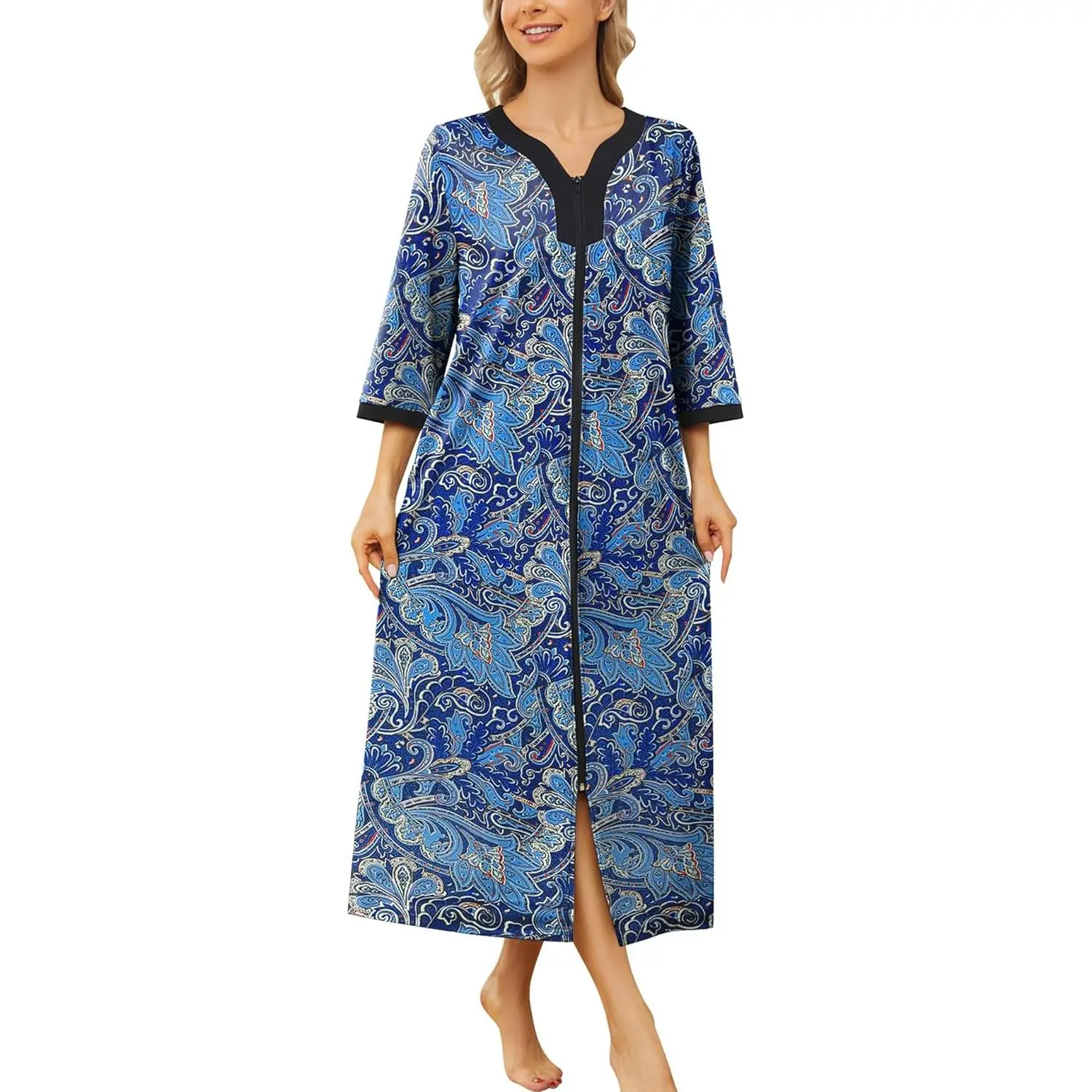 House Dresses for Womens Zip Up Robe Cotton Nightgown Long House Coat Half Sleeve Night Gowns Comfy Sleepwear