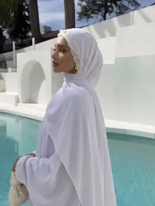 Women's Chiffon Hijab Scarf, Elegant Chic Embroidered Lace Design, Breathable Beachwear Long Shawl, Muslim Fashion Daily Turban Accessory, Head Scarf