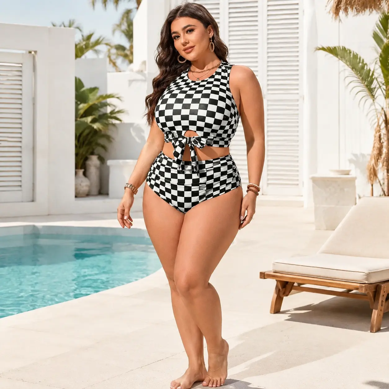 Women's Plus Size Checkered Print Slim Bikini Set - Swimsuit for Women, Plus Sized Bathing Suits for Summer Beach Vacation