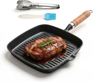 8.6 inch Cast Iron Grill Pan for Stove Tops, Indoor Outdoor Cooking Griddle Pan with Pour Spouts, PFOA Free Skillet for Searing Steak, Naturally Nonstick Surface When Seasoned