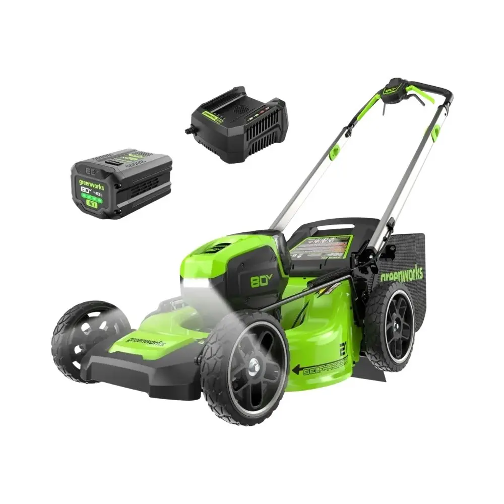 Greenworks 80V 21-in Brushless Self-Propelled Cordless Battery Powered Lawn Mower, Includes 4.0Ah Battery, Rapid Charger, Ideal for Uneven Terrain, Cordless Lawn Mower