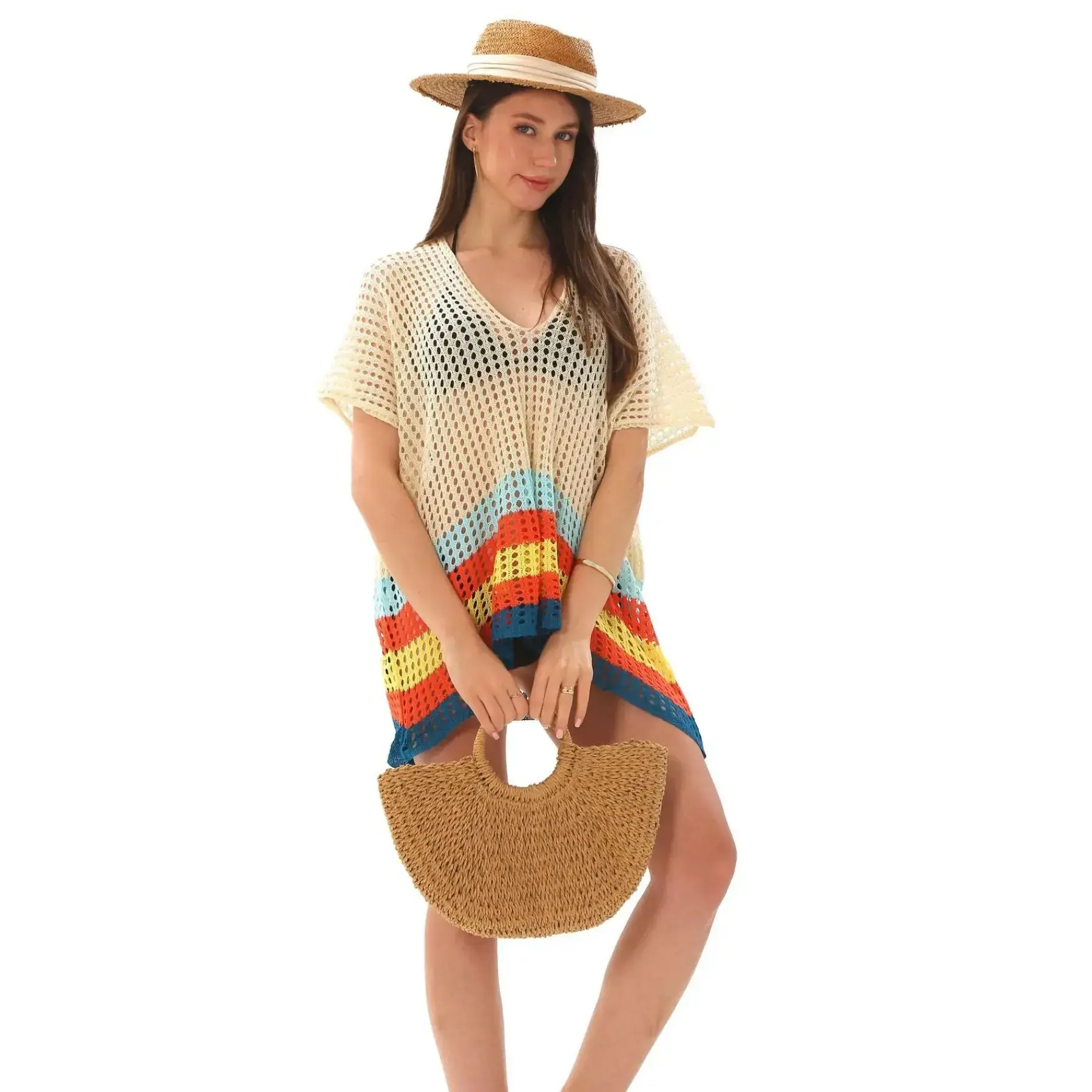 Women's Rainbow Stripe Print Crochet Open Front Cape Shawl, Casual Knitwear Top for Daily Wear, Fashion Accessories for Women & Girls, Knitting Women's Rainbow Stripe Print Crochet Open Front Cape Shawl, Casual Knitwear Top for Daily Wear, Fashion Accessories for Women & Girls, Knitting