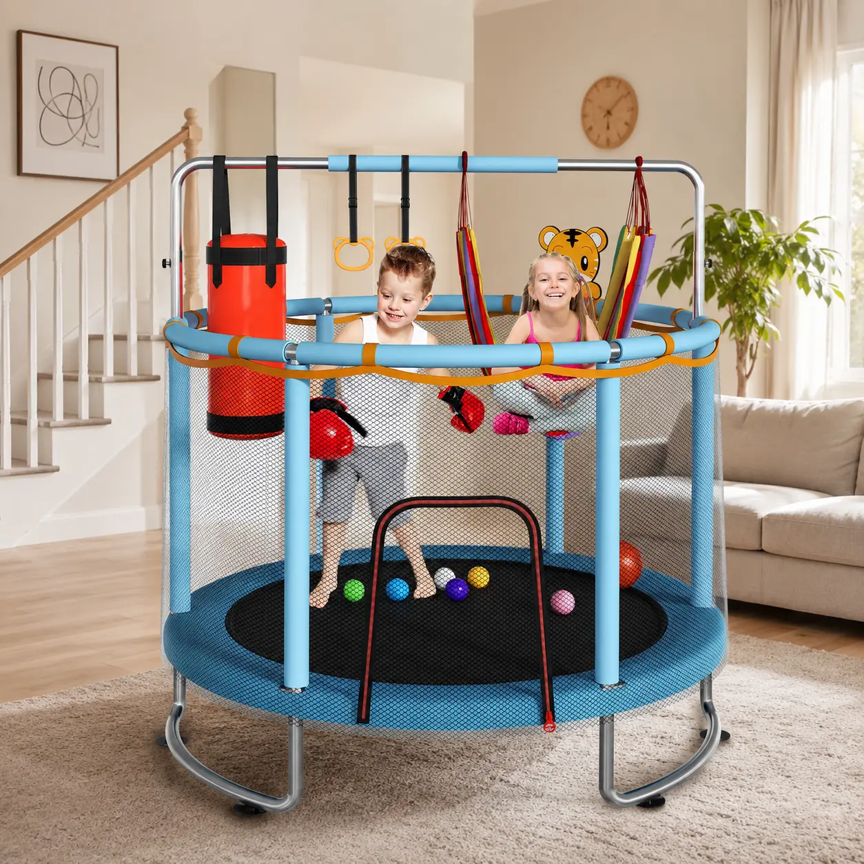 Kids' Mini Round Trampoline with Basketball Hoop, Foam, Enclosure - 55"/60" Iron Trampoline, No-Gap Safe Design, Swing, Sandbag, Upgraded Ring Legs, Ocean Balls, 440lbs Capacity, Indoor/Outdoor Toddler Gift