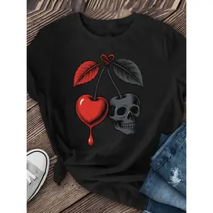 Women'S Cherry And Skull Graphic Short-Sleeve T-Shirt | Maroon Casual Top Featuring Red Fruit And Black Skull Design, Medium Stretch Round Neck Tee Suitable for Spring, Summer, And Fall, Machine Washable Regular Fit