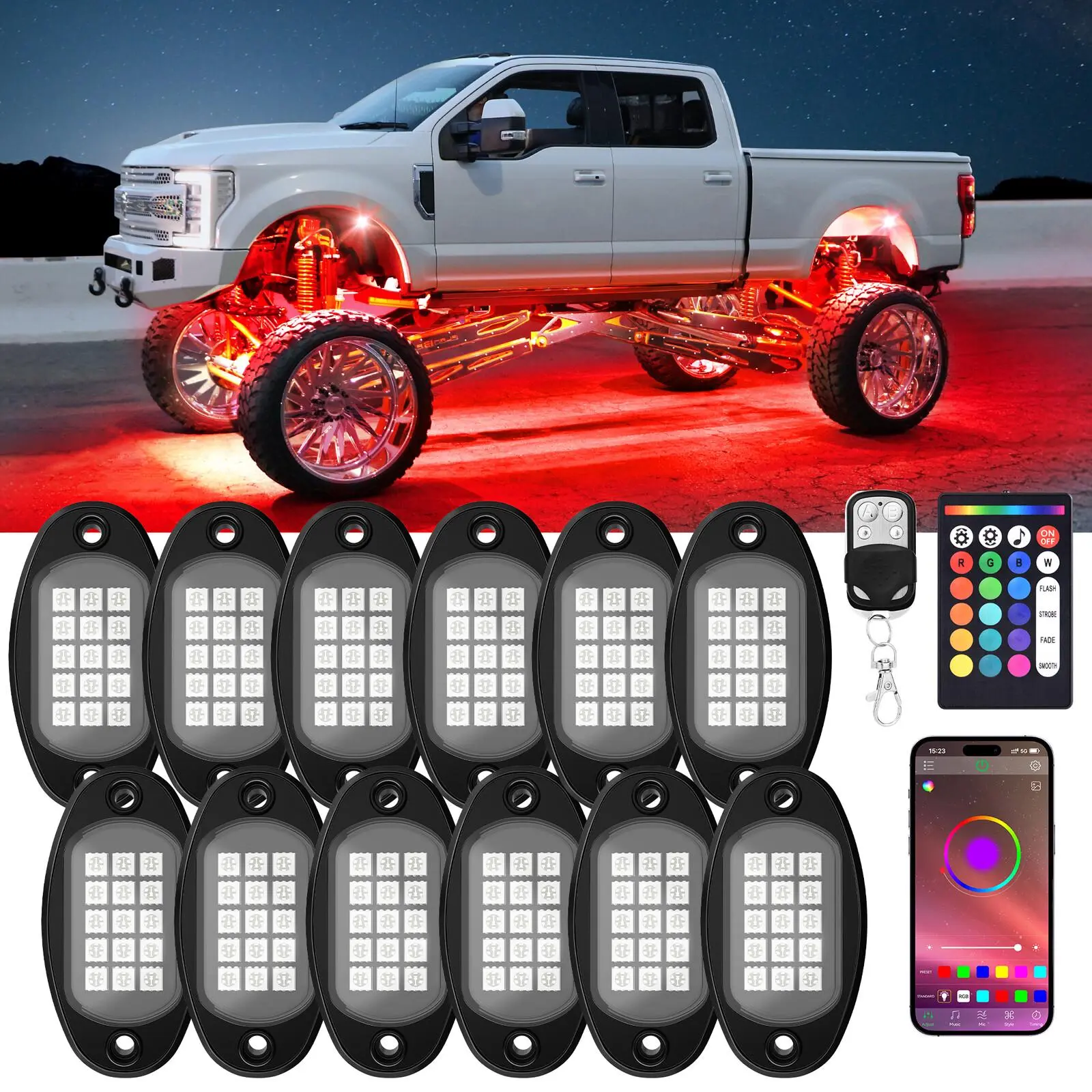 Cyberpunk Night Ride Vibe 12 Pods RGB LED Rock Lights Underglow Neon Kit for Truck App Control Music Sync Waterproof Off-Road Auto Decor Gift