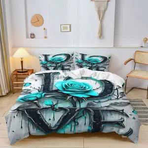 2/3Pcs Dark Gothic Love Themed Duvet Cover Set, Decorative Duvet Cover, Stunning Teal Dripping Font Bedding Set, Luxurious Glossy Finish with Intricate Rose Accents, Perfect for Romantic Bedroom Decor Includes 1 or 2 Pillowcase - No filling/Zipper Closure