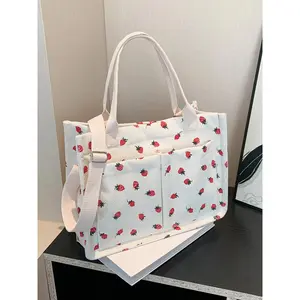 Small design, cute and sweet strawberry pattern canvas bag, double pocket design, literary handbag, daily commuting shopping bag, versatile and large capacity, suitable for students to carry books in class, Canvas Tote