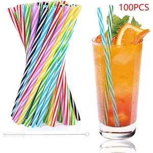 100PCS Reusable Hard Plastic Straws Set, Colorful Straight Drinking Straws with Cleaning Brush, Suitable for Milkshakes Smoothies Juice Cocktails and All Beverages, Durable Easy Clean Drink Accessories