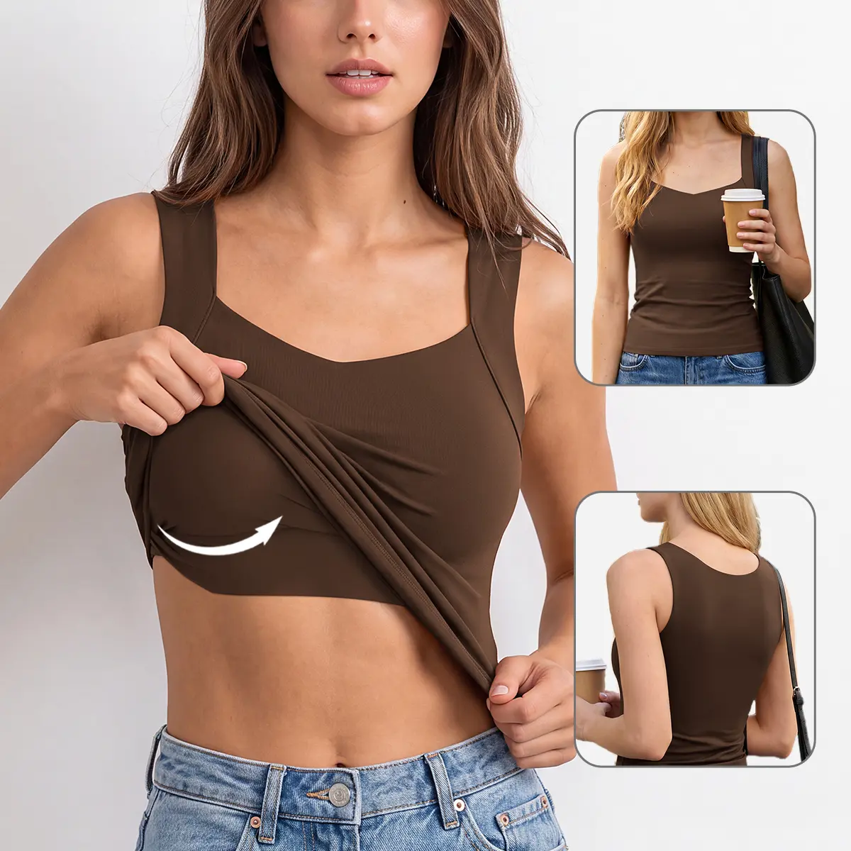 V FOR CITY Women Camisole High Stretchy Seamless Built-in Bra Tank Tops V Neck Casual Basic Tanks