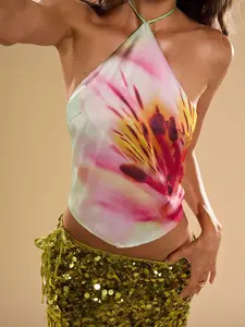 CONVERTIBLE Women's Summer Green Floral Print Satin Halter Neck Crop Top