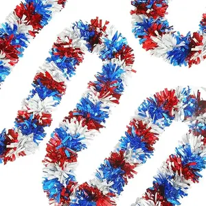 33FT 4th of July Patriotic Tinsel Garland Red White Blue Metallic Twist Foil Tinsel Garland Shiny Hanging Decorations for Independence Day Memorial Day Celebration Party Decorations
