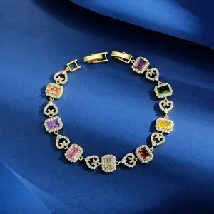 MDFUN Colorful Cubic Zirconia Bracelet  Square Cut Golden  Plated Bracelet for Women, Sparkly Statement Jewelry