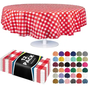 12 Pack Premium Disposable Plastic Picnic Tablecloth 84" Inch Decorative Round Cover - Red Checkered Gingham