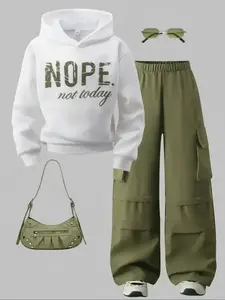 Youth Girls Casual Fashion Streetwear Set, Fleece Lined Long Sleeve Hoodie Sweatshirt Top & Wide Leg Work Pants with Pockets, Fall Winter Daily Wear