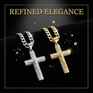 14k Gold-Plated Cross Necklace Oxidation-Resistant Cuban Chain Featuring Rhinestone Crucifix Pendant 24-Inch Length Christian Religious Jewelry Gift