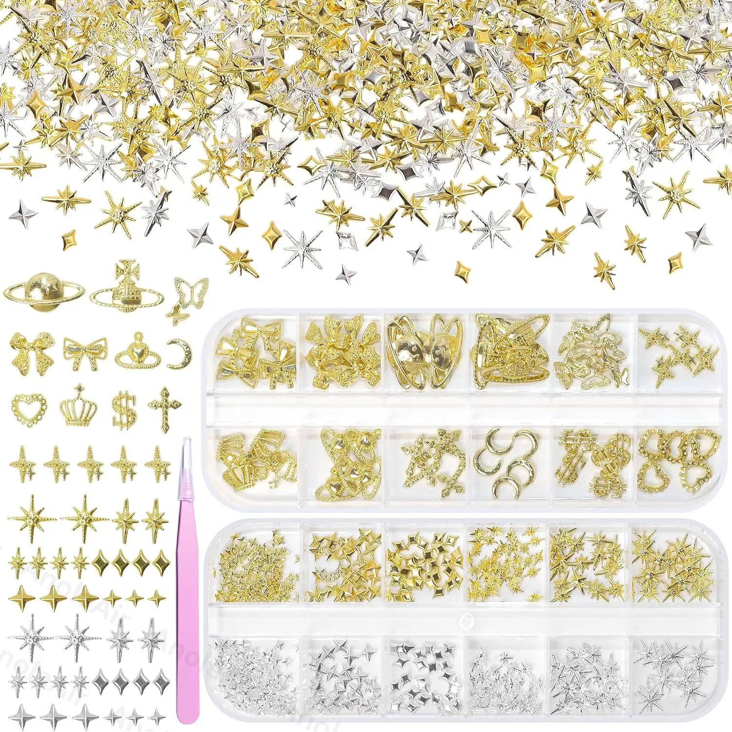 Halloween Fall Gift Silver & Gold Y2K Nail Charms Set – Cross, Star, Planet, Heart, Moon, Crown, Bow, Butterfly & Dollar Alloy Nail Studs for DIY Acrylic Nail Art Design