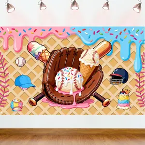 Baseball Ice Cream Drip Birthday Party Backdrop Banner - Large  Themed Party Decorations with Bat & Ice Cream Cone, Includes Pre-punched Holes & 10m Rope for Wall, Indoor Outdoor