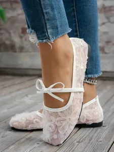 Square Toe Women's Flat Shoes, Knit Casual Ballet Flats, Comfortable Multifunctional Low Top, Mesh Fabric, PVC Leather Sole, All Seasons