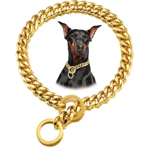 Dog Chain Collars Golden Chain Dog Collar 12mm Cuban Link Dog Collar with O ring Lock Stainless Steel Metal Dog Chain for Puppy Small Medium Large Dogs