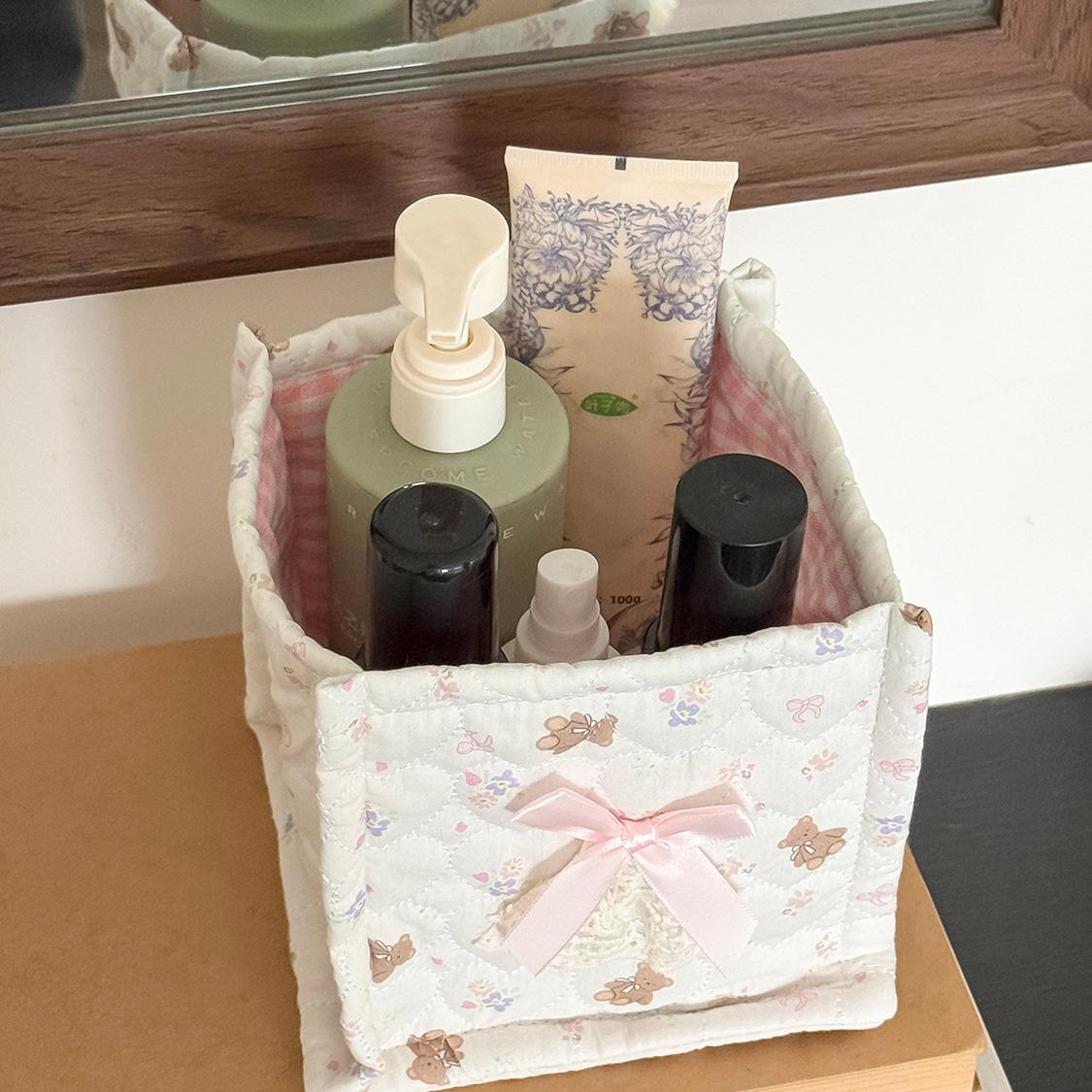 Bow stitched desktop storage box, small bear floral fabric storage basket, girly cosmetics organizer