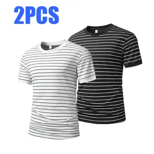Men's Striped Tee 2 Pack Black & White Classic Breathable T-Shirt with Crew Neck Short Sleeves Casual Shirt for Everyday Wear Set Tropical