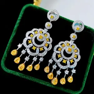 [Luxury Bohemian Earrings] Luxury Bohemian Yellow Zirconia Women's Hollow Tassel Earrings |   Elegant Vacation Style Hoop Earrings with Sparkling Accents for Festivals and's Day