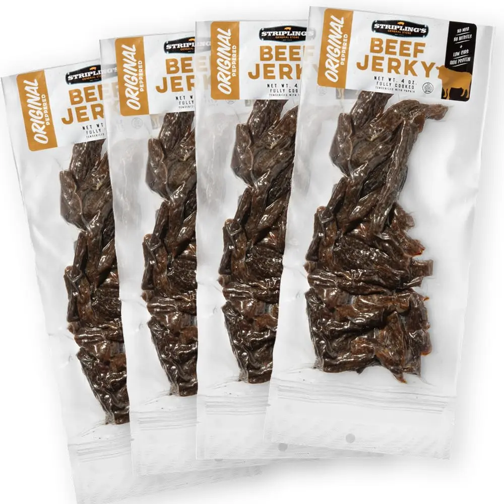 Stripling's Original Peppered Beef Jerky - Family Owned Premium Beef Jerky Snack Packs - Made in the USA (4-Pack)