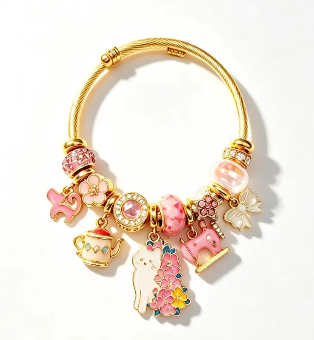 Cute Sakura Cat Multi Charms Wire Bangle, Pink Teapot Sewing Machine Bow Rhinestone Beads Adjustable Gold Bracelet Gift for Girls