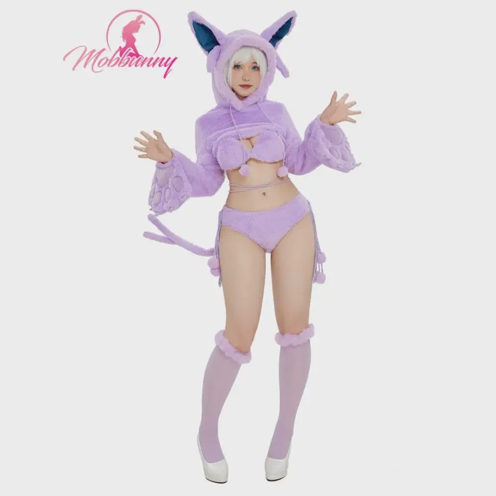 Mobbunny PM Derivative Furry Paw Sexy Lingerie Kawaii Purple Plush Homewear Paw Gloves Hoodie and Bra Panty with Stockings