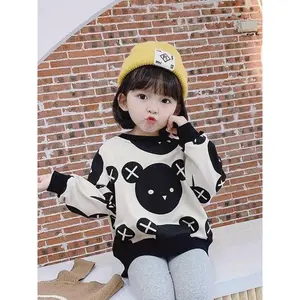 Girls' Cute Bear & Smiling Face Patchwork Sweater - Soft Loose-Fit Crew Neck Sweater with White & Black-White Striped Sleeve Trim, Beige & Black Color-Block Design, Machine Washable Spring/Fall Sweater for & Girls () - Adorable Casual & Semi-Formal Wear,