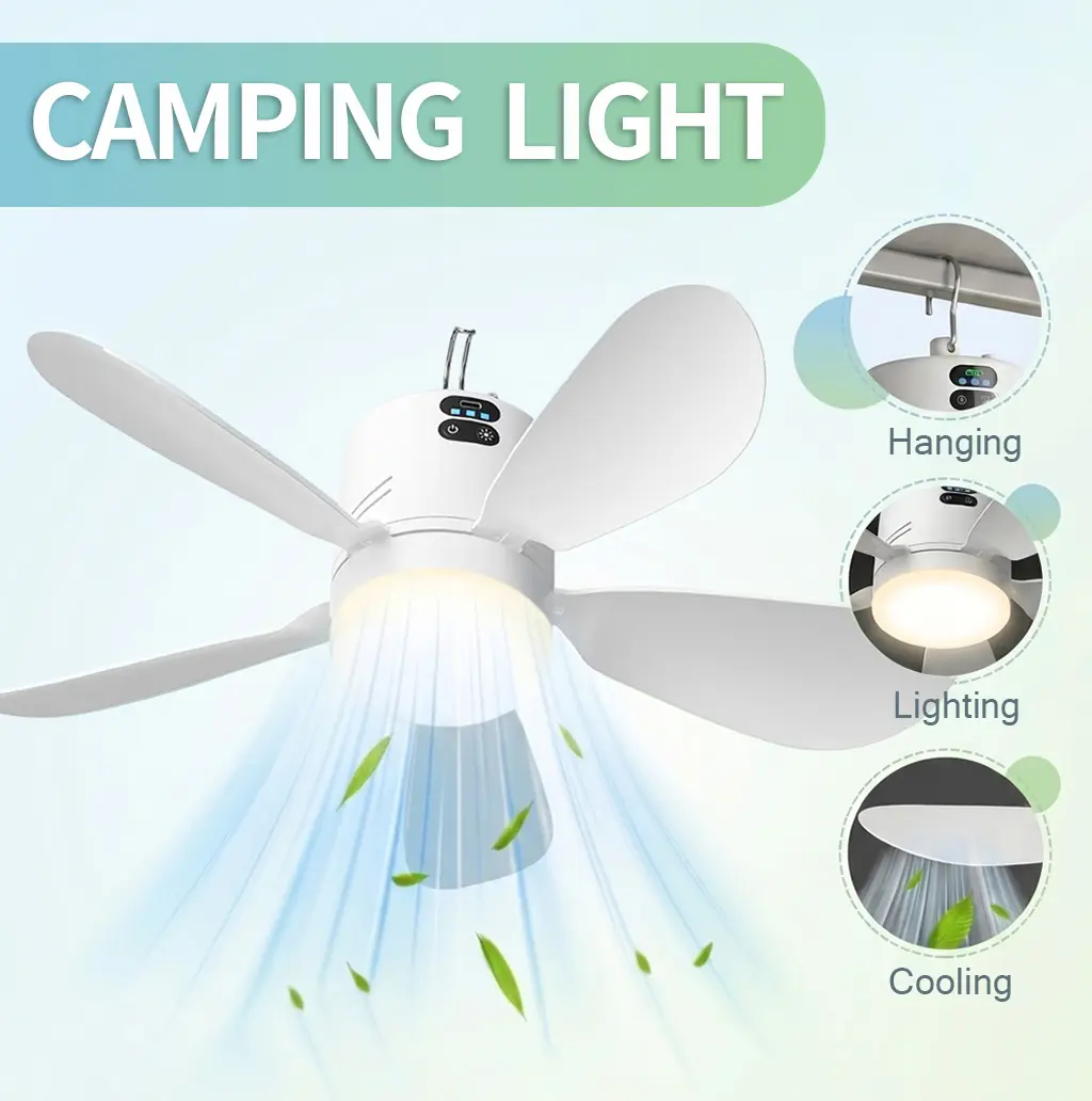 New 16-inch Portable Camping Fan, LED Light Equipped Ceiling Fan with Detachable Blades, USB Rechargeable with Hook, 2-in-1 Compact Camping Fan Light, Suitable for Gatherings, BBQ, Camping, Home Use, Outdoor Tents and Dormitories