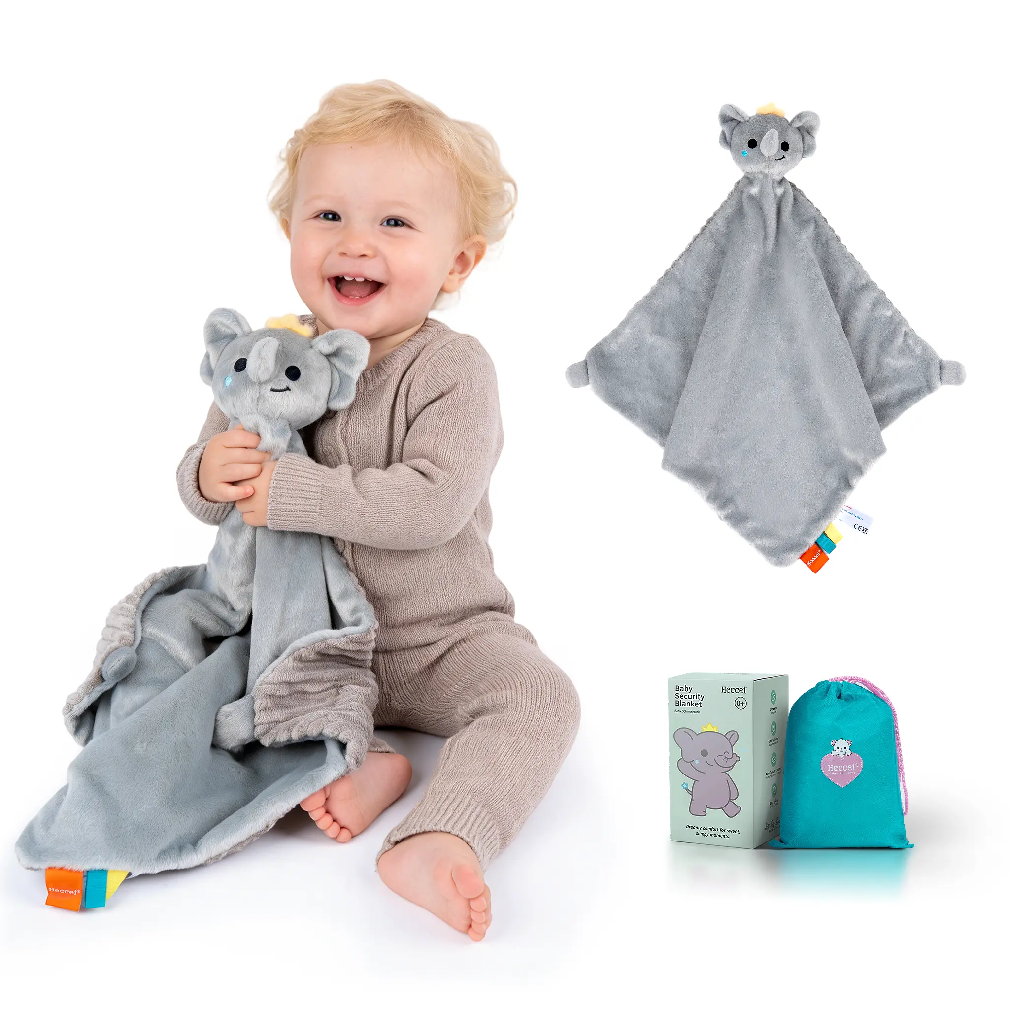 Heccei OEKO-TEX Certified Baby Security Blanket, Ultra Soft Lovey Snuggle Toy for Newborns, Sensory Animal Snackyphant Cuddle Blanket, Gift-Ready Essential for Boys & Girls