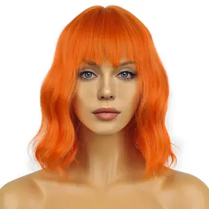 Short Bob Wavy Wig with Bangs for Women Loose Curly Shoulder Length Synthetic Cosplay Wig Bob for Girl Colorful Costume Wigs