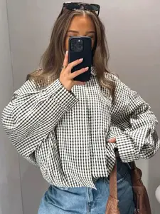 Plaid Oversized Loose Jacket Women's Bomber Jacket Spring Autumn 2026 Casual Crop Pleated Long Sleeve Top Fashion Stand Collar Zip-Up Pilot Coat Office Commutes & Brunch Dates Outerwears